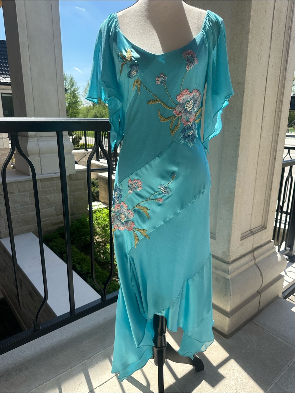 Sue Wong Silk Turquoise Y2K Ruched Floral Embroidered Asymmetrical Dress- Size 8 - Picture 7 of 14
